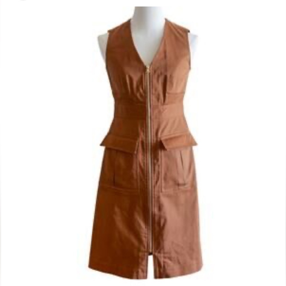 Diane Von Furstenberg Brown with gold cargo pocket Sleeveless Belted Dress sz 0 - Picture 3 of 7